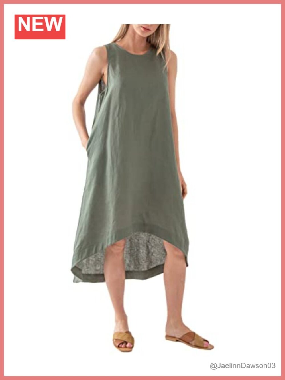 100% Linen High Low Midi Dress with Pockets Sleeveless Crew Neck Relaxed Fit